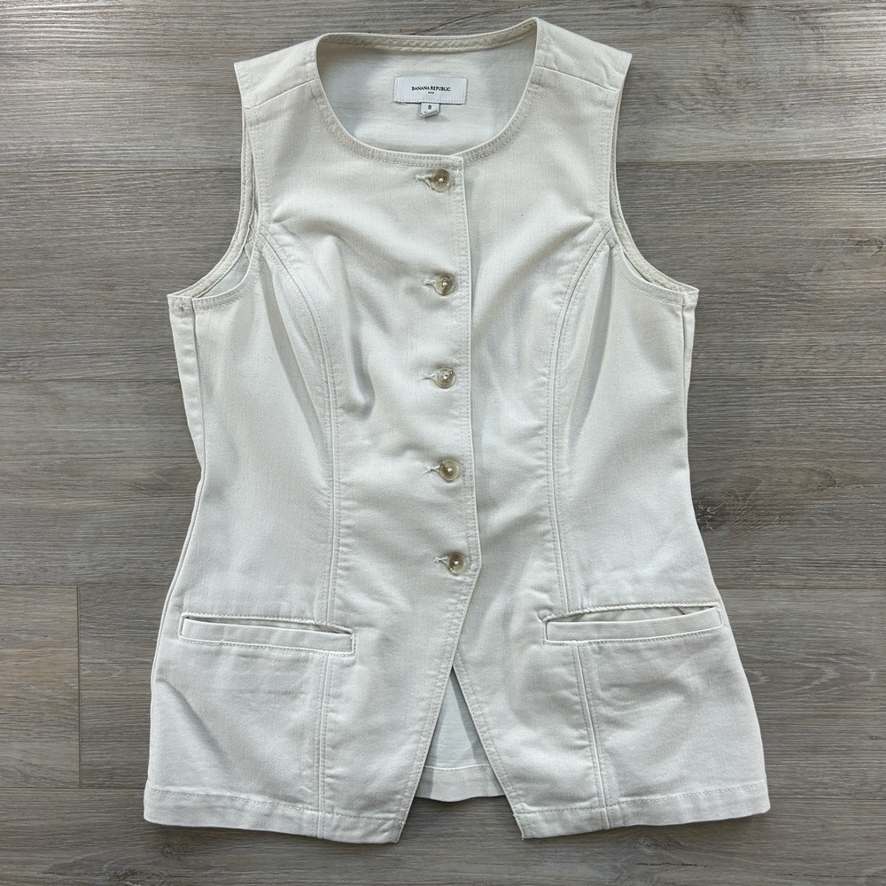 Banana Republic Women's Size 8 Long Cutawa Ecru Wash Collarless Vest